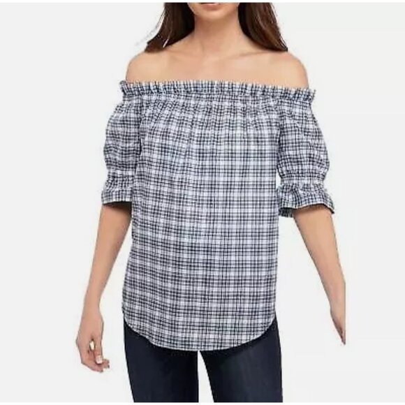 Michael Kors Blue Chambray Plaid Off Shoulder Relaxed Top Womens Medium New - Picture 1 of 4
